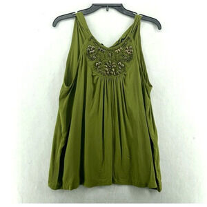 APT.9 Tank Top Women Sz L Green Pullover Studded Beads Shirred Halter Neck Boho
